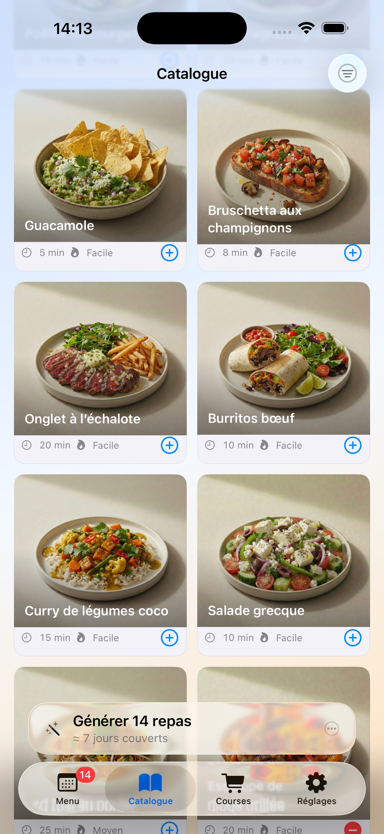 Catalogue de recettes dans Meal