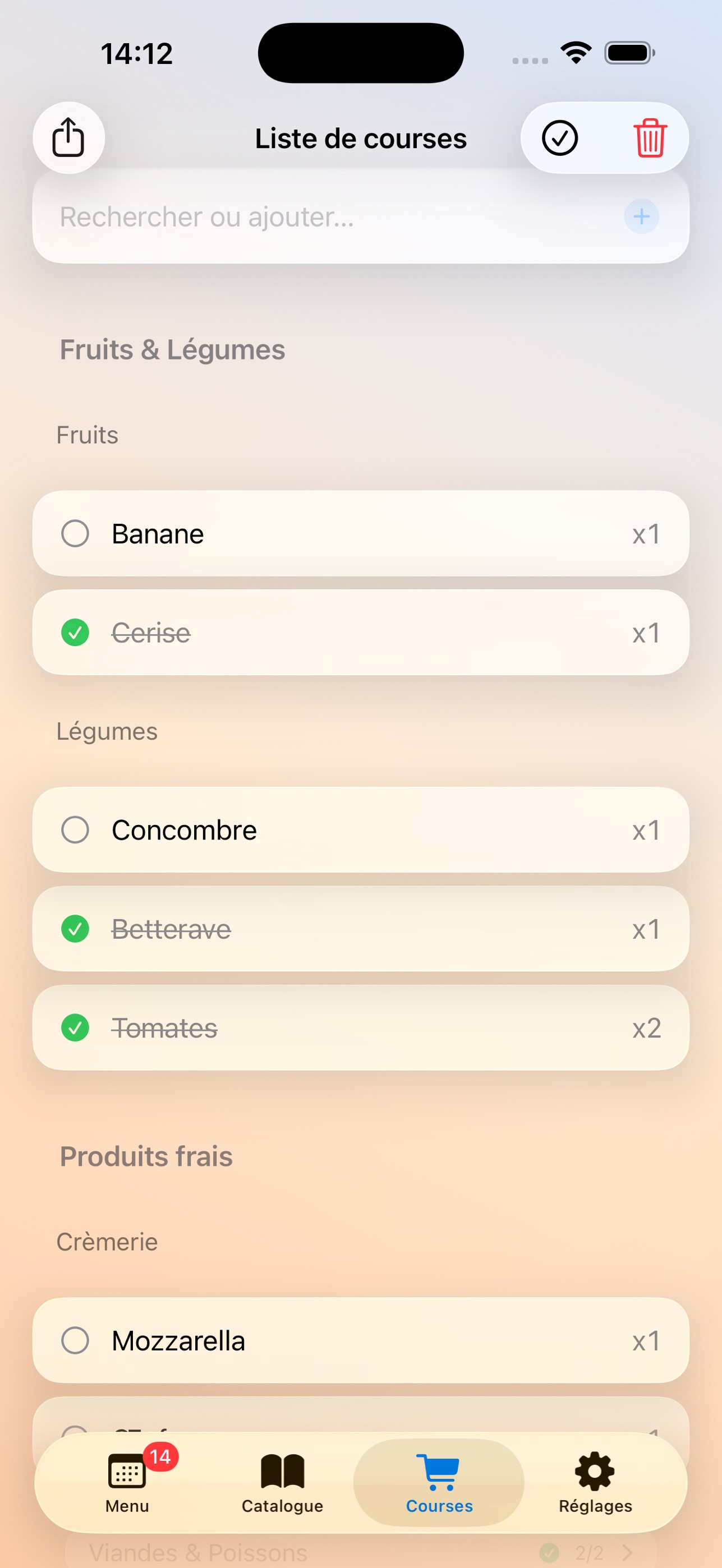 Liste de courses organisée dans Meal