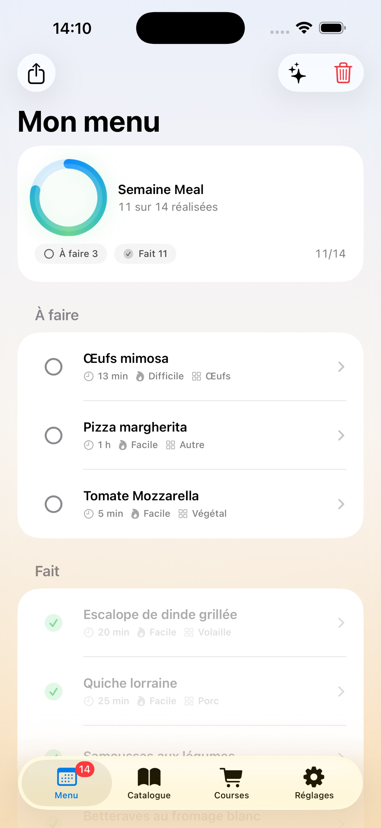 Écran du menu de la semaine dans Meal