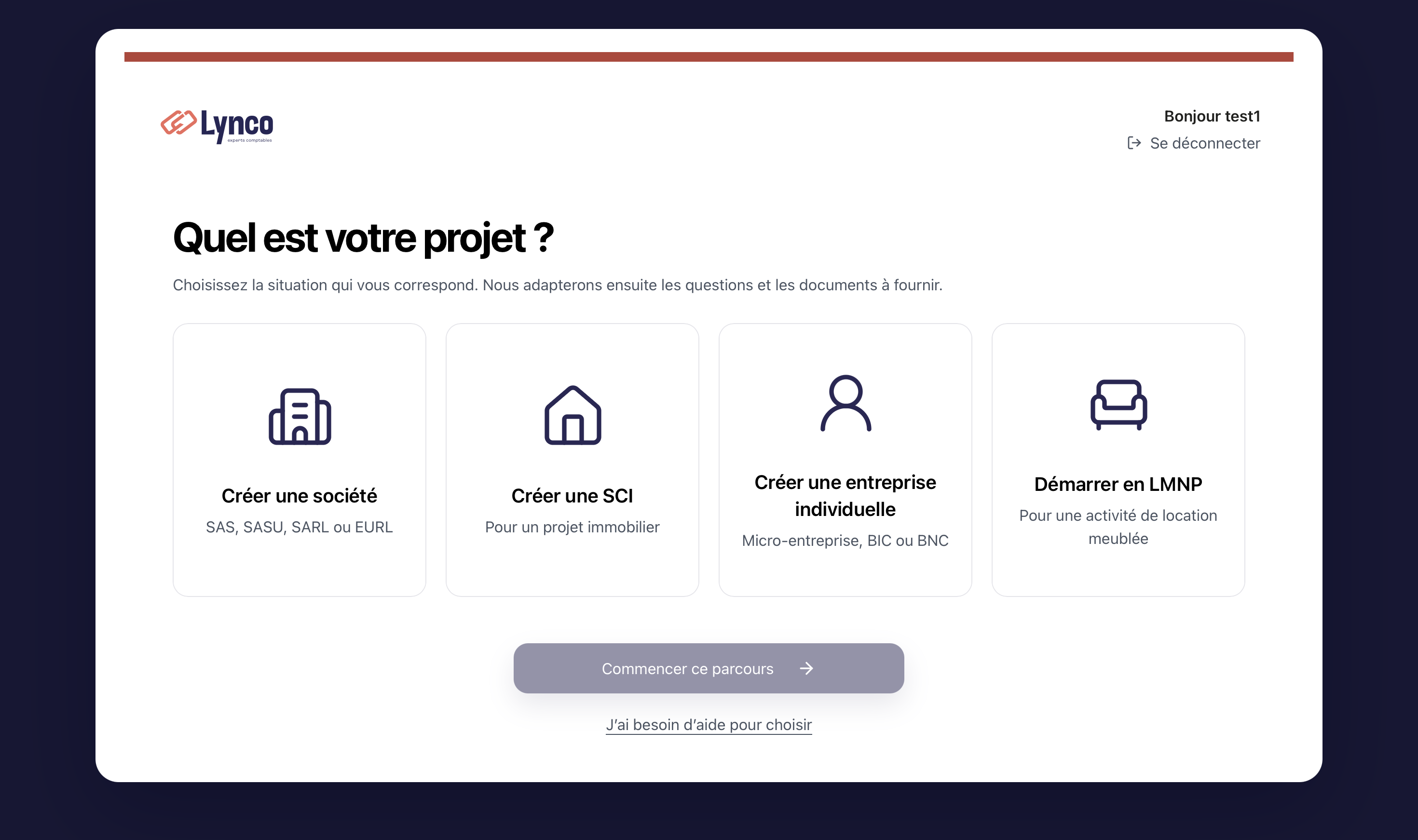 Écran Lynco proposant quatre parcours : société, SCI, entreprise individuelle et LMNP